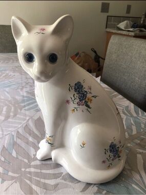 White Ceramic Cat Sitting, Floral Design - 10” With Glass Eyes